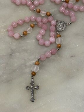 Pink Beaded Rosary Necklace with Silver Crucifix